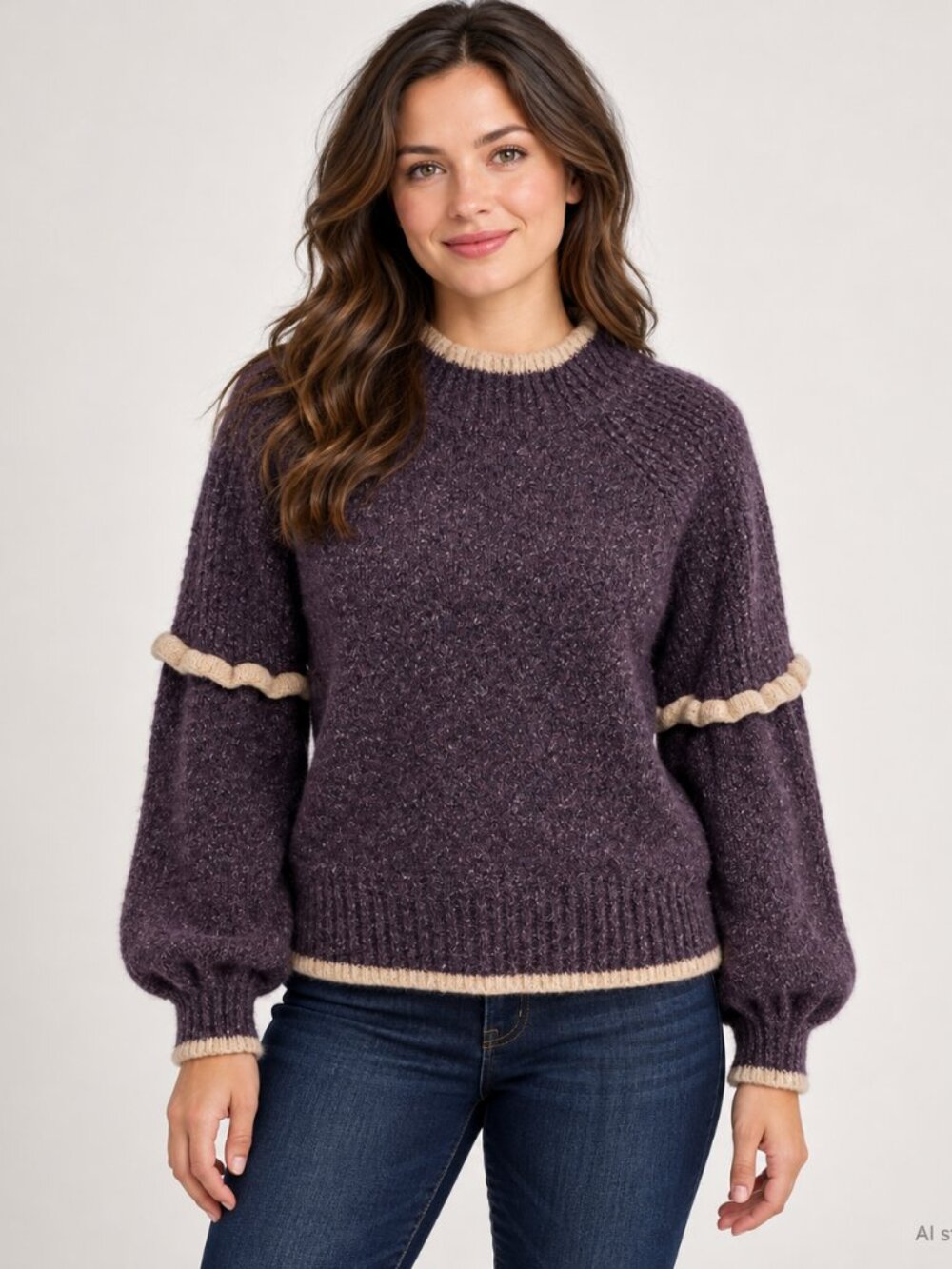 Jolie‎ Plum Crewneck Sweater with Cream Trim